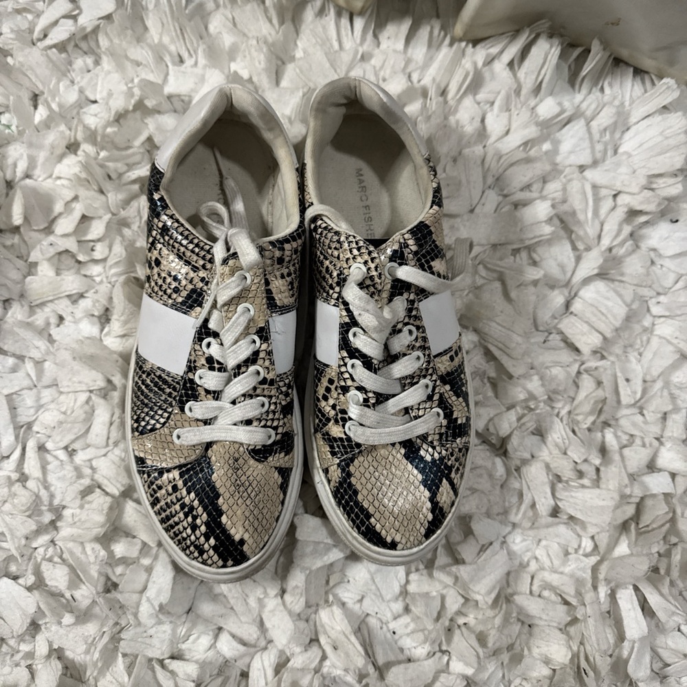 Marc Fisher Black and Cream Snake Print Sneakers